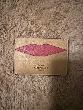 Coach Beige Leather Card Case with Pink Lip Detail